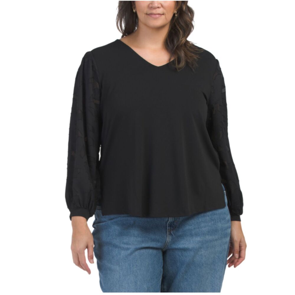 Adrianna Papell Black V Neck Crepe Knit Top Jacquard Floral 3/4 Sleeve Blouse 3X